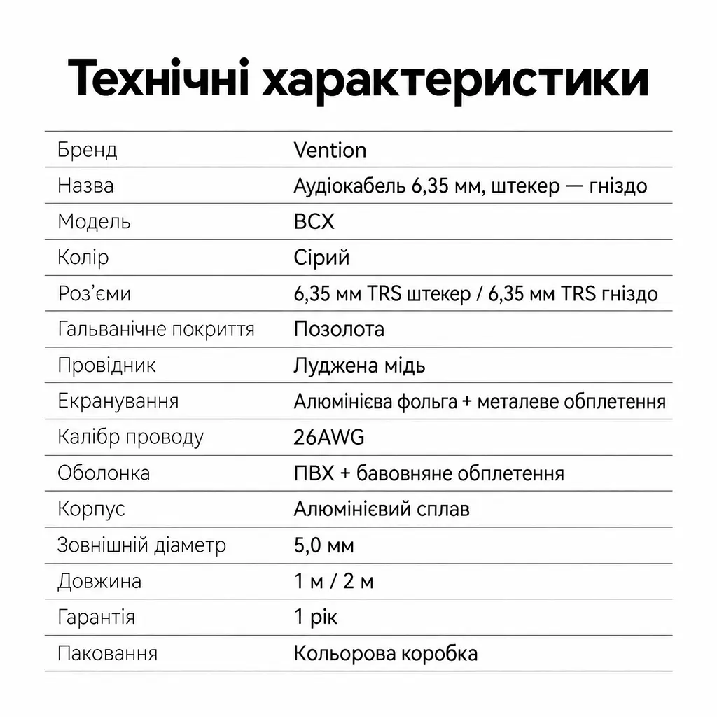 Аудіокабель-подовжувач Vention довжиною 1 м джек 6,35 мм штекер TRS 6,35 мм на гніздо TRS 6,35 мм при підключенні кабелю TS 6,35 мм вихід стає монофонічним штекер і гніздо можна повертати бавовняне обплетення кабелю сірий (BCXHF) - фото 4