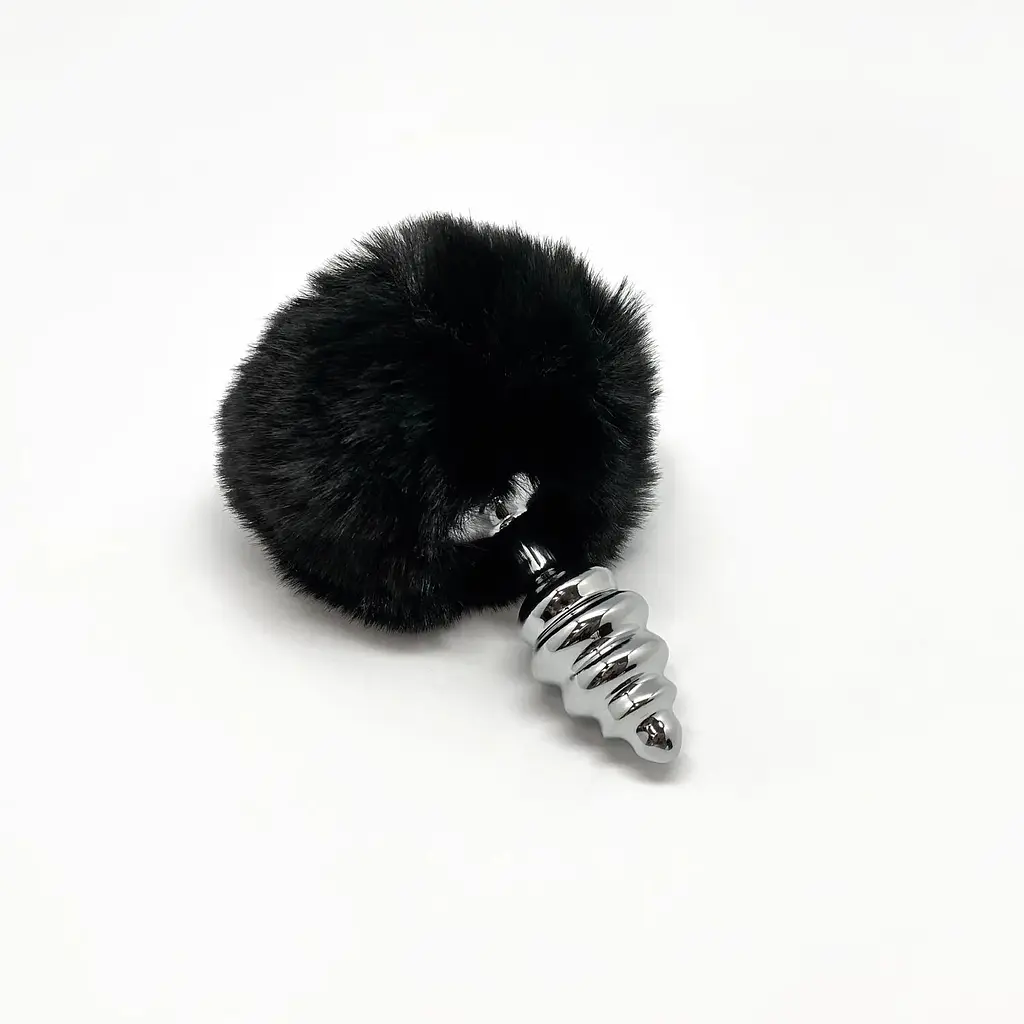 Металлическая анальная пробка Alive Fluffy Twist Plug S Кроличий хвостик Black, диаметр 2,9 см - фото 2