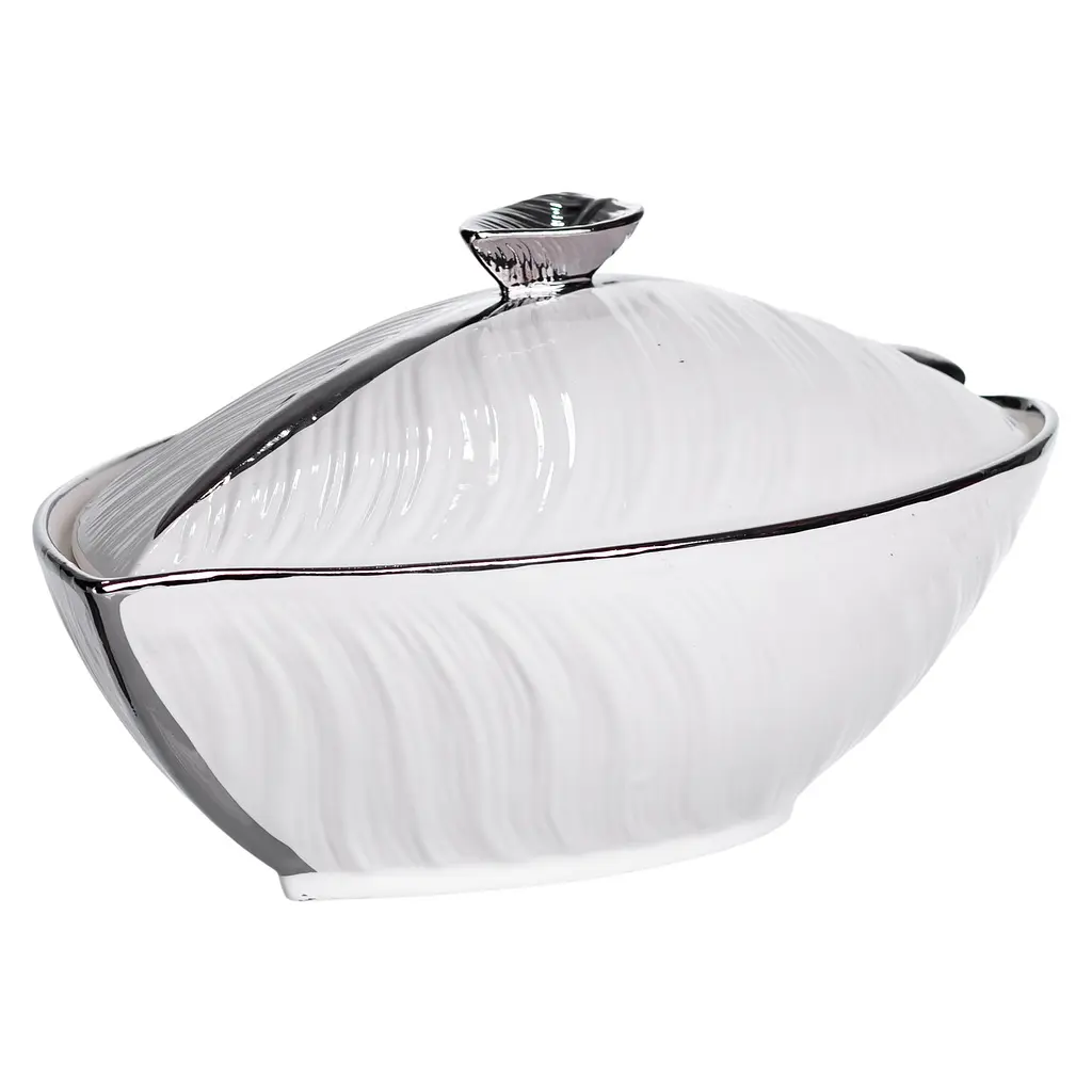 Супница 1.5 (л) фарфоровая кастрюля бульонница 32×21×16 (см) с крышкой для дома и ресторана Белый с серебром Yiwu XL-4054AS - фото 4