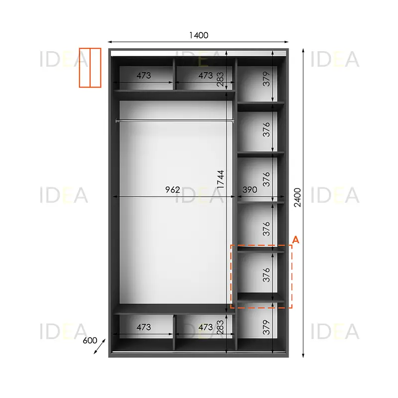 Шафа-купе Idea серія 1 140 x 60 x 240 см Антрацит Дзеркало - фото 2