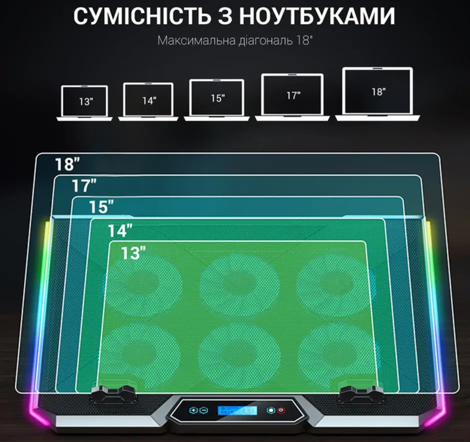 Охолоджувальна підставка для ноутбука до 18 дюймів GamePro GPCP-890 RGB 2xUSB 6xfans - фото 8