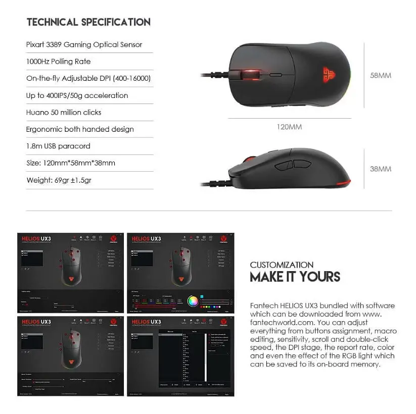 Игровая мышь Fantech UX-3 HELIOS PixArt 3389, 400IPS, 50G, 1600DPI Black - фото 10