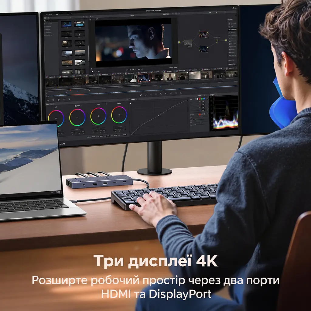 Док-станція USB-C UGREEN Revodok Pro CM886 12-в-1 2 HDMI 2.0 та DisplayPort 1.4 для одного дисплея DP до 4K 120 Гц або HDMI до 4K 60 Гц до трьох дисплеїв macOS однакове зображення на зовнішніх екранах потрібен USB-C з DP Alt Mode 2 USB-C 3.2 Gen2 до 10 Гбіт/с лише дані та 2 USB-A 2.0 вхід USB-C PD 100 Вт ноутбук до 85 Вт із зарядним пристроєм PD 100 Вт і кабелем 100 Вт RJ45 до 1000 Мбіт/с SD/microSD до 170 МБ/с аудіовихід 3,5 мм кабель 40 см космічний сірий (55767) - фото 11