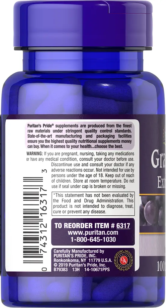 Натуральна добавка Puritan's Pride Grape Seed Extract 60 mg with Resveratrol 30 mcg 100 капсул - фото 3
