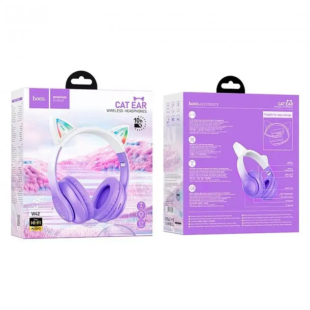 Беспроводные полноразмерные наушники Hoco W42 Cat Ear с подсветкой, BT5.3, AUX, TF, 400mAh, 10h, фиолетовые - фото 4