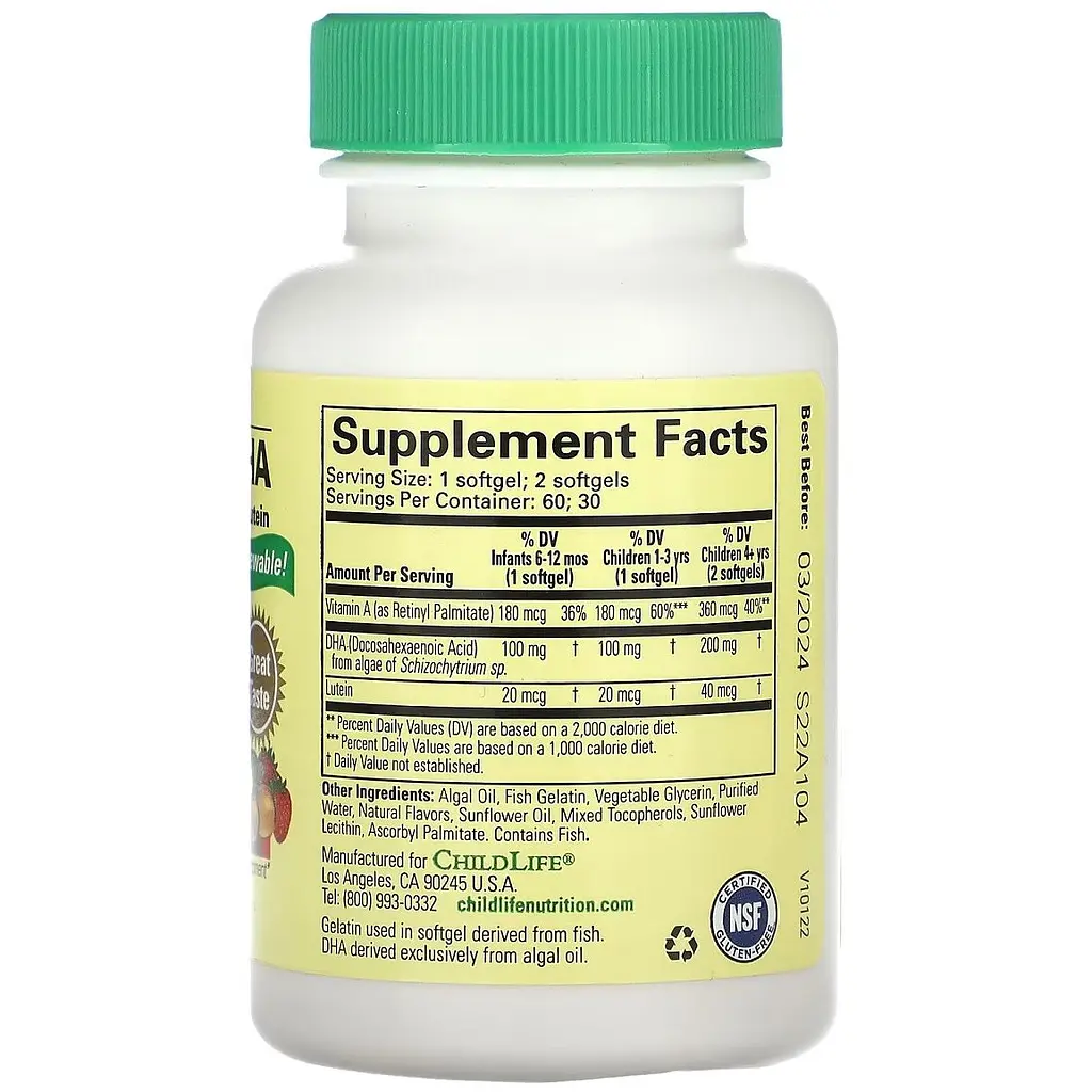 DHA для дітей ChildLife Algae DHA with Vitamin A & Lutein зі смаком ягід 60 шт. (CDL16550) - фото 2
