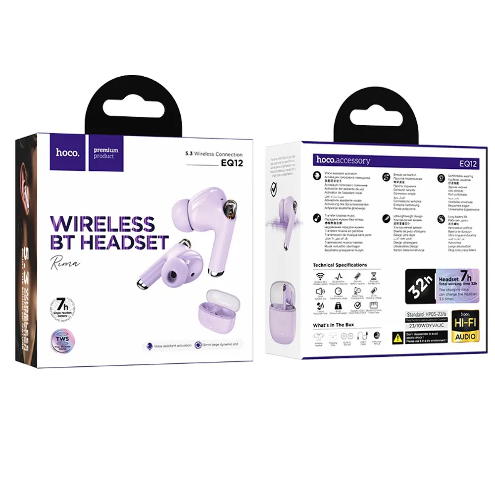 Беспроводные TWS наушники Hoco EQ12, вакуумные, BT5.3, 40mAh, 350mAh, 7h, 32h, purple - фото 4