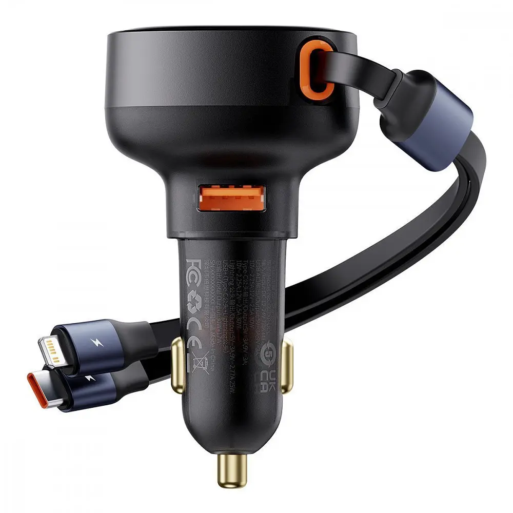 АЗП Baseus Enjoyment Pro 60W (USB) + Retractable Type-C+Lightning Cables - фото 10