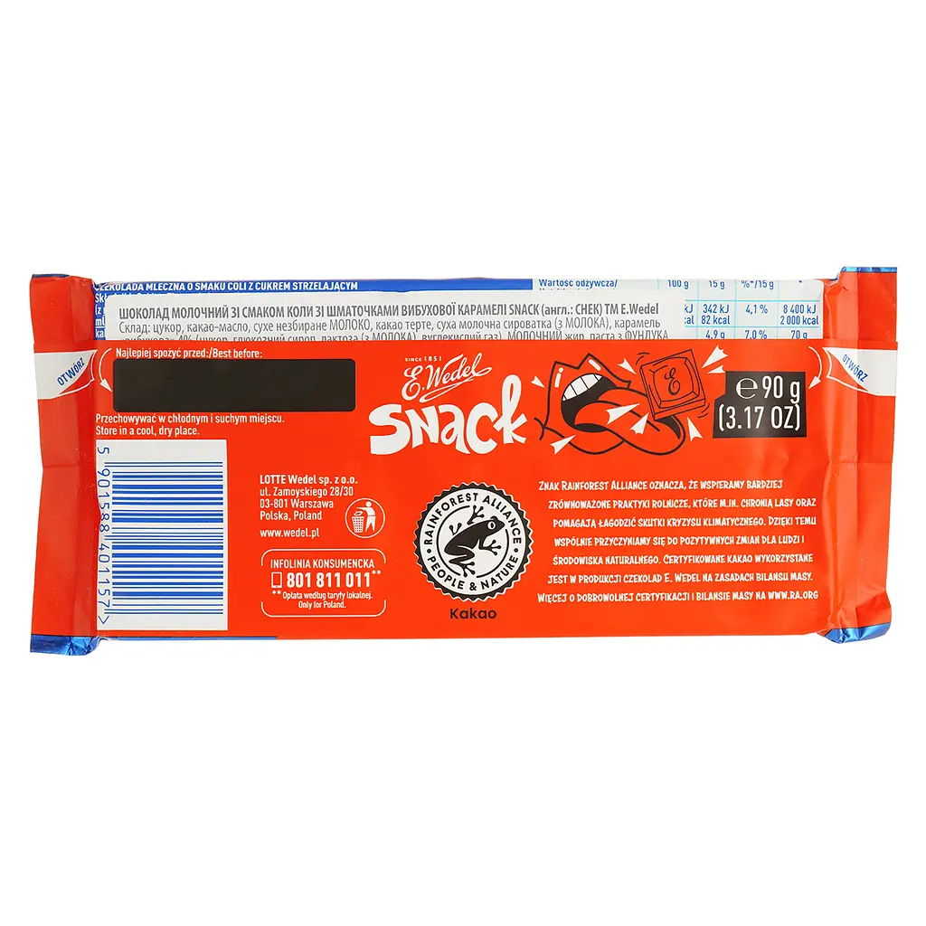 Шоколад молочний E.Wedel Snack зі смаком коли та вибуховими цукерками 90 г (948749) - фото 2