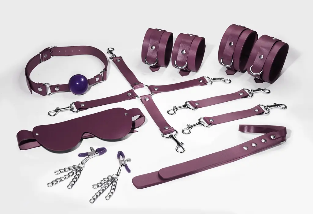 Набір для БДСМ Feral Feelings BDSM Kit 7 Burgundy (наручники, поножі, коннектор, маска, паддл, кляп, затискачі)