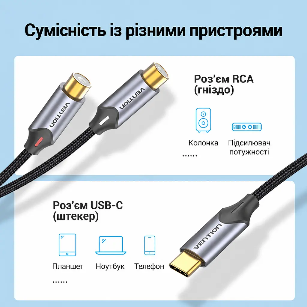 Аудіокабель-перехідник Vention 1,5 м тюльпани зі штекера USB-C на 2 гнізда RCA із вбудованим ЦАП у бавовняному обплетенні для підключення до гнізд RCA потрібен додатковий стереокабель RCA зі штекерами на обох кінцях сірий (BGVHG) - фото 5