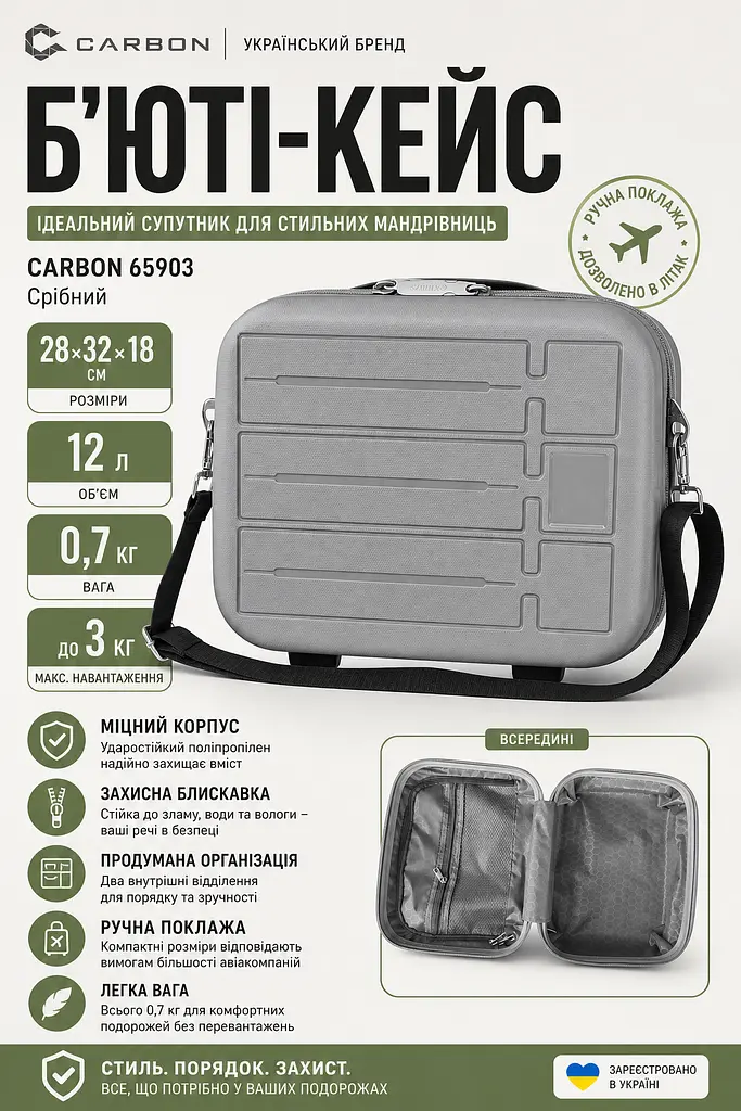 Бьюті-кейс Carbon 65903 поліпропілен 28х32х18 см 12 л Срібний - фото 3