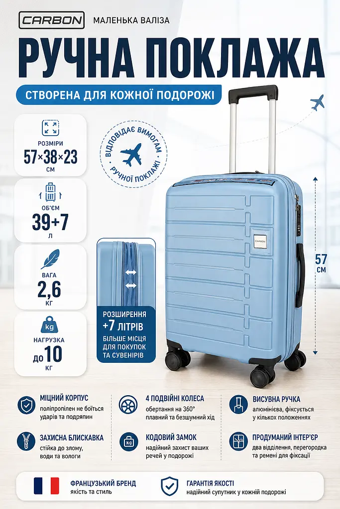 Валіза маленька Carbon 65903 поліпропілен 57х38х23 см 39+7 л для ручної поклажі Блакитний - фото 3