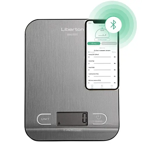 Ваги кухонні Liberton LKS-0714 Smart, Steel, до 5 кг, дисплей, синхронізація через Bluetooth, тарокомпенсація, автовідключення, індикатор перевантаження, батарейка: 3*ААА у комплекті - фото 2