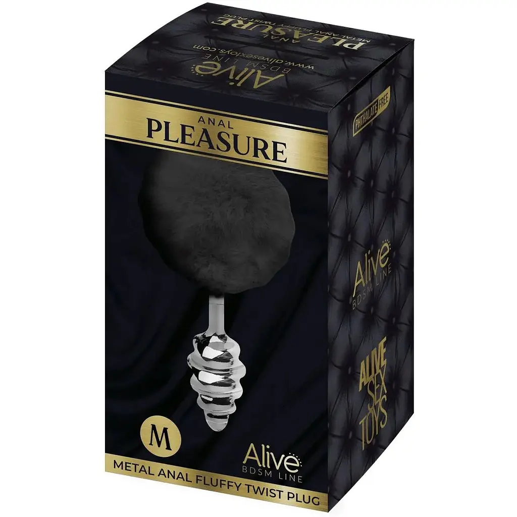 Металлическая анальная пробка Alive Fluffy Twist Plug M Кроличий хвостик Black, диаметр 3,4 см - фото 3