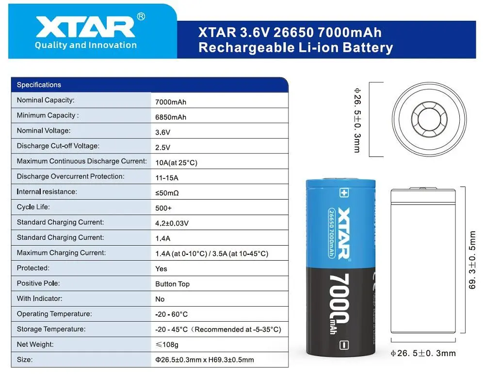 Акумулятор XTAR 26650P 7000 mAh 1 шт. (5114) - фото 4
