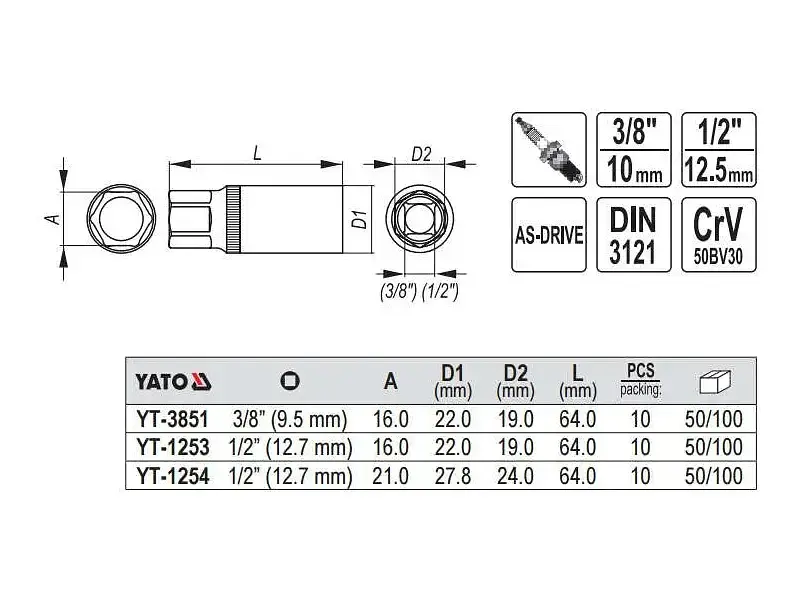 Головка торцевая Yato квадрат 3/8" М 16 L= 64 мм (YT-3851) - фото 2