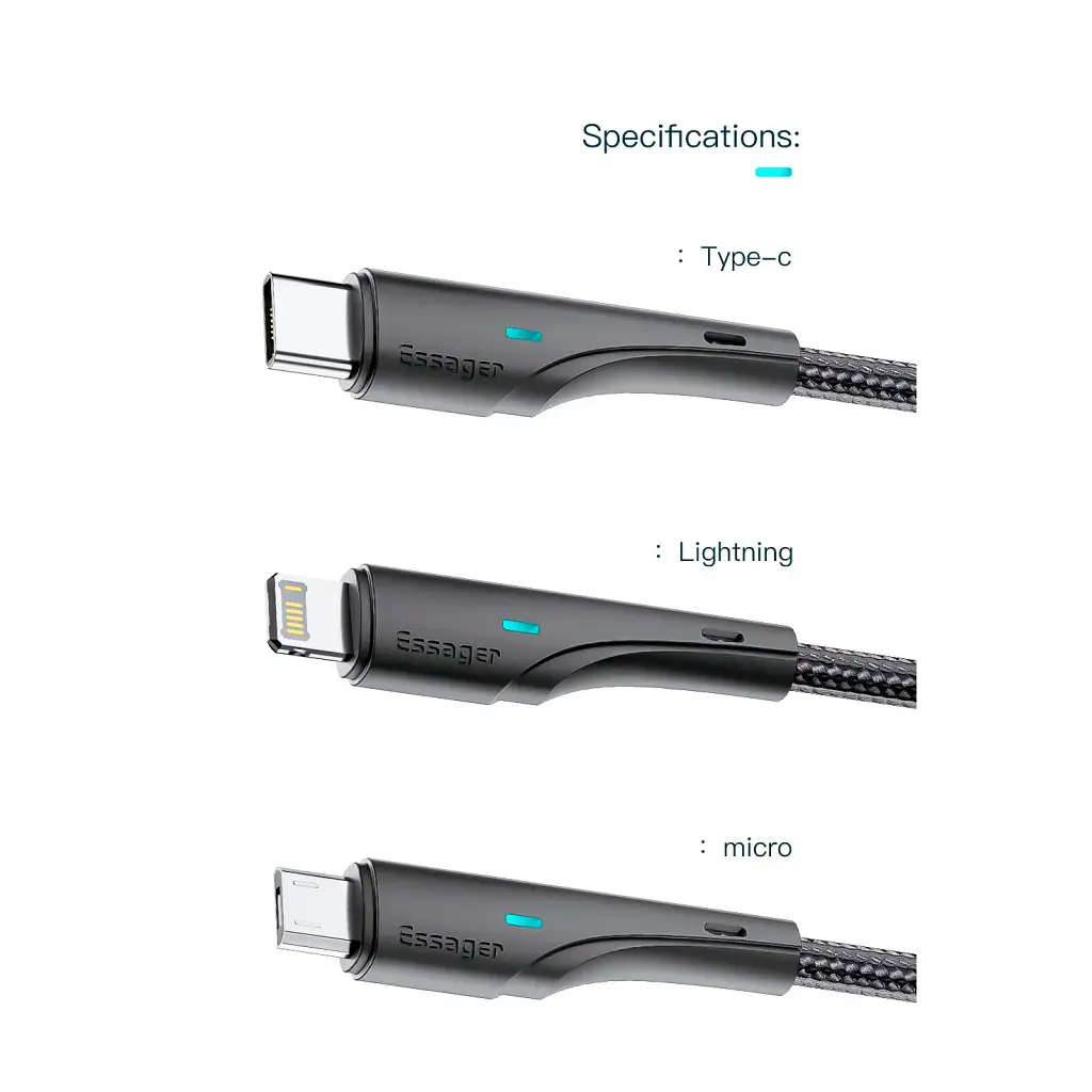 Дата кабель USB 2.0 AM to Lightning 1.0m 2.4A black Essager (EXCL-LS01) - фото 12