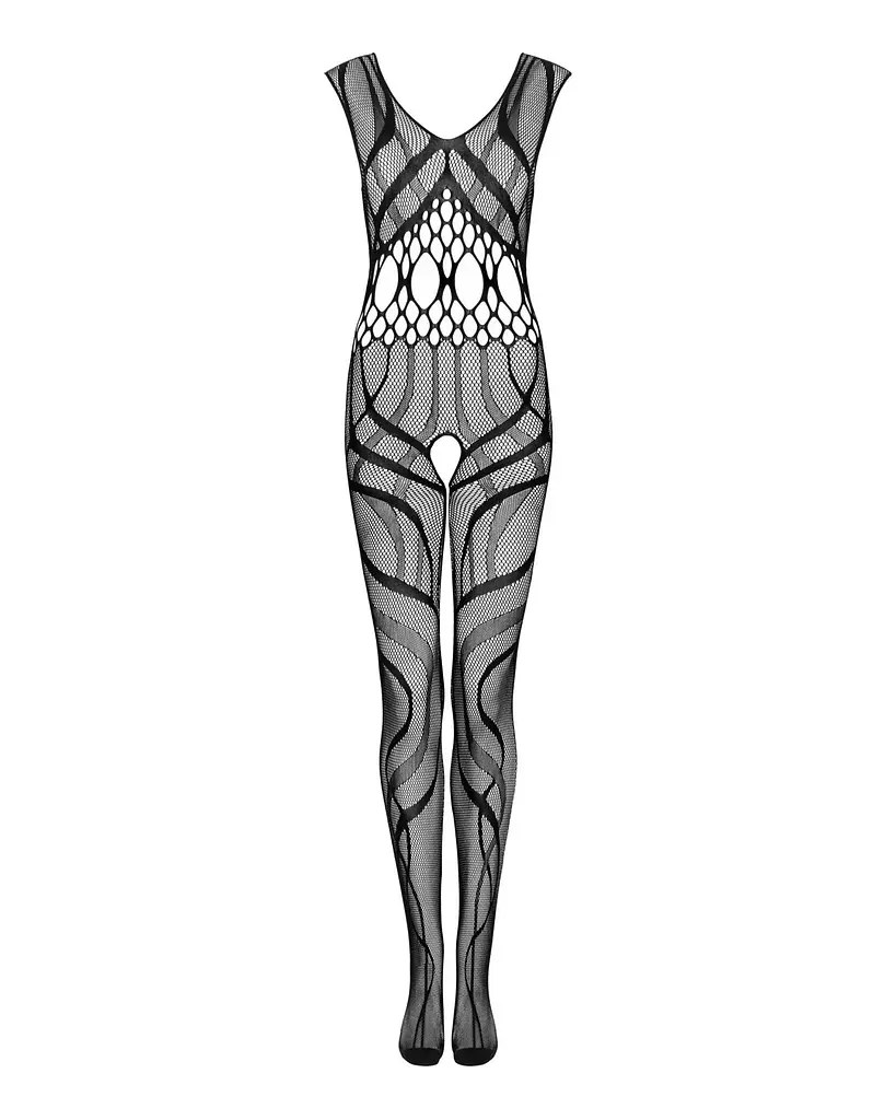 Сітчастий бодістокінг з вирізами та малюнком Obsessive Bodystocking G328 S/M/L, чорний, комбінезон - фото 5