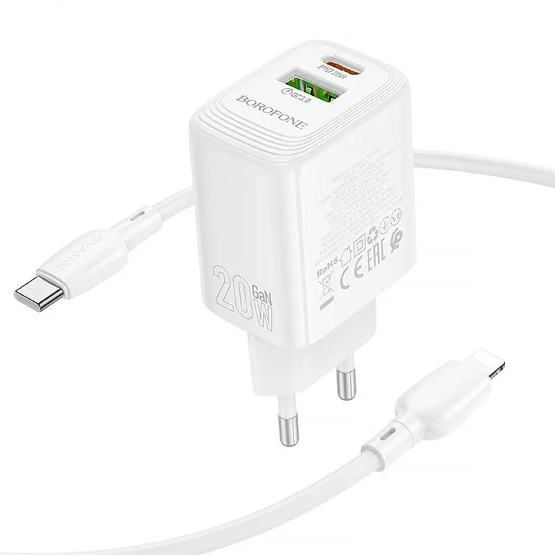 МЗП Borofone BN27 Fuente PD20W+QC3.0 (1USB-A/1C) + кабель Type-C to Lightning White - фото 2