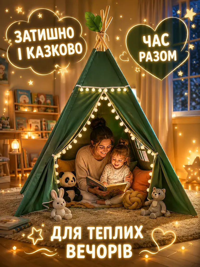 Дитячий вігвам зелений 100х100х110 см намет-будиночок для ігор з дерев’яним каркасом (49676011) - фото 8