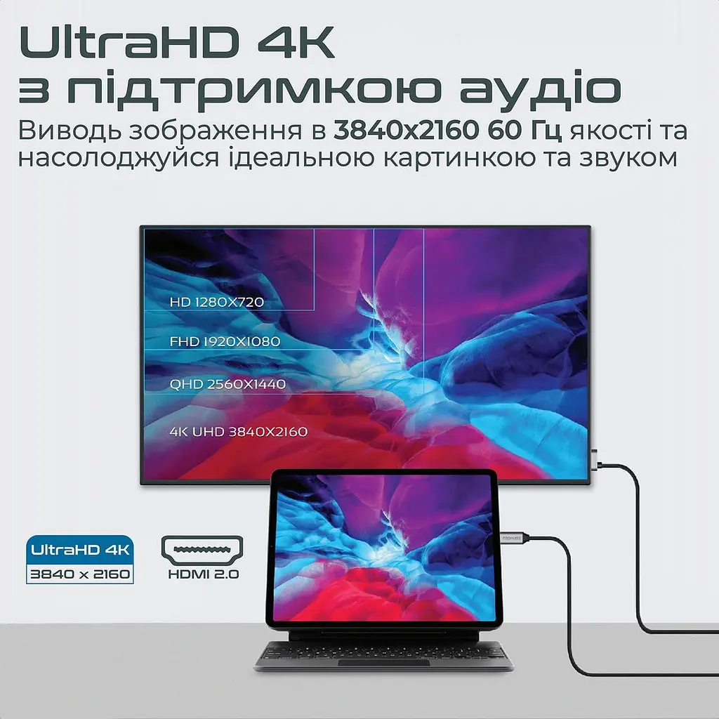 Кабель Promate HDMI-USB Type C V 2.0 1.8 м (hdmi-pd100.grey) - фото 4