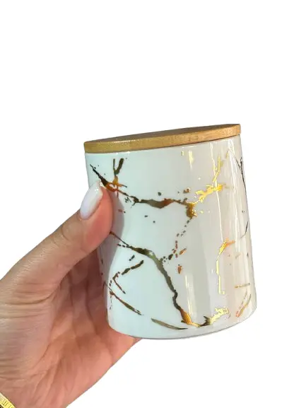 Набір банок для сипучих продуктів Cozy HP266 кераміка на дерев'яній підставці 4 предмети 500 мл Білий мармур - фото 2