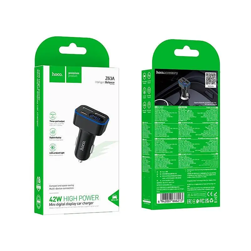 Адаптер автомобільний HOCO Barry digital display car charger Z63A 2USB/1Type-C, 42W/3A, PD/QC - фото 2