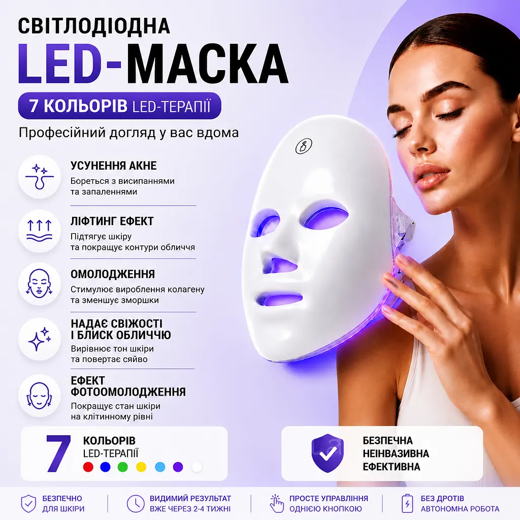 LED-маска для обличчя 7 в 1 бездротова фототерапія - омолодження та лікування акне - фото 2