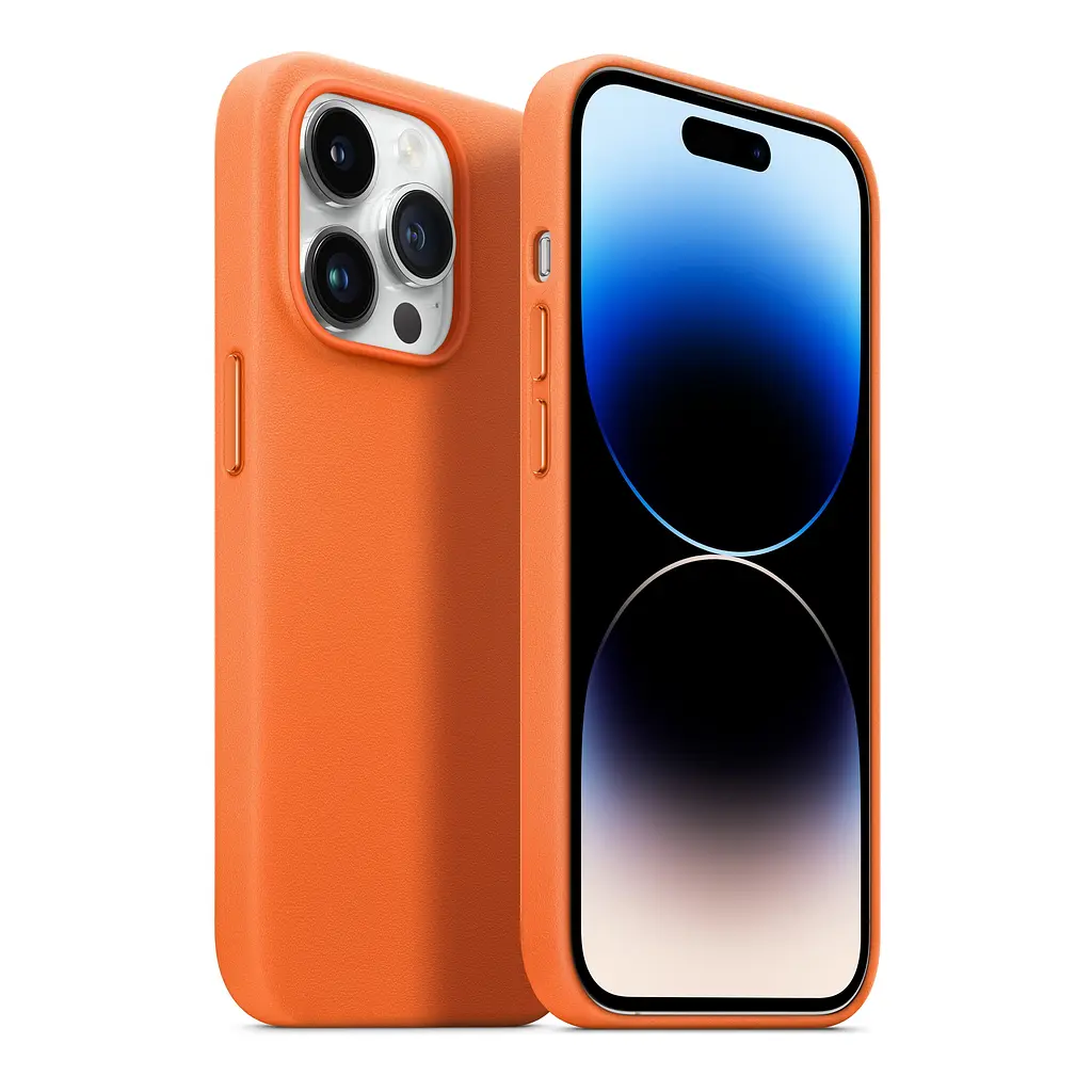 Кожаный чехол-панель для Apple iPhone 14 Pro, FAKE Leather Case, оранжевый, искусственная кожа, премиальный, противоударный, защита всего корпуса, с мягкой подкладкой, поддержка MagSafe и беспроводной зарядки, ArmorStandart (ARM64461) - фото 3