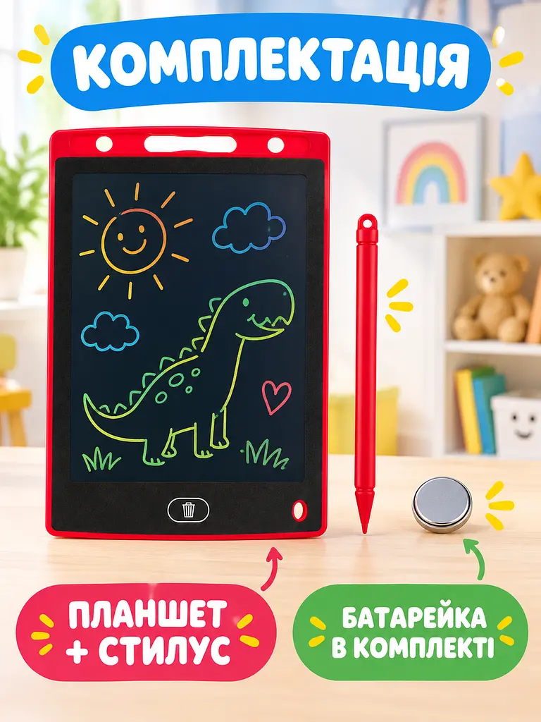 Дитячий графічний LCD планшет дошка для малювання та записів 10" + стилус, червоний (50300102237) - фото 7