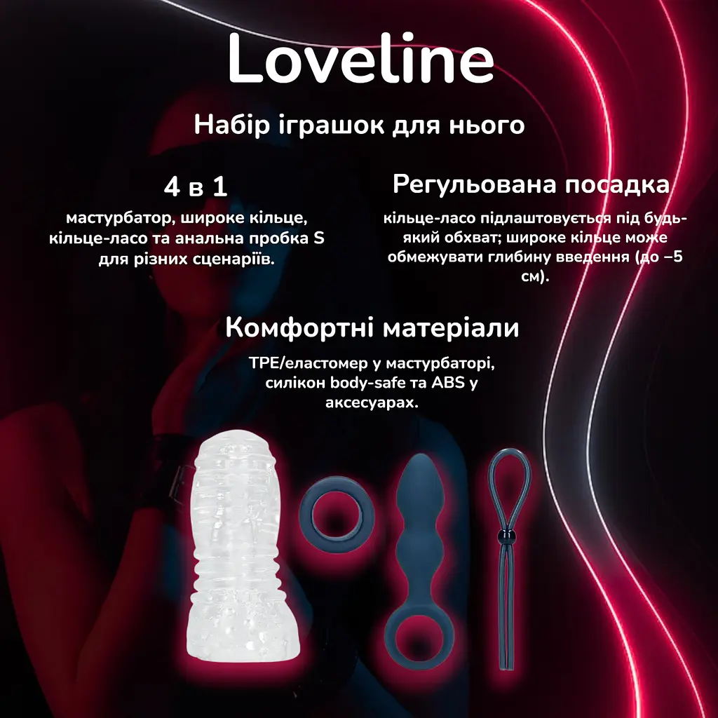 Набор игрушек для него Loveline мастурбатор, эрекционное кольцо, кольцо-лассо, анальная пробка S, водонепроницаемые - фото 2
