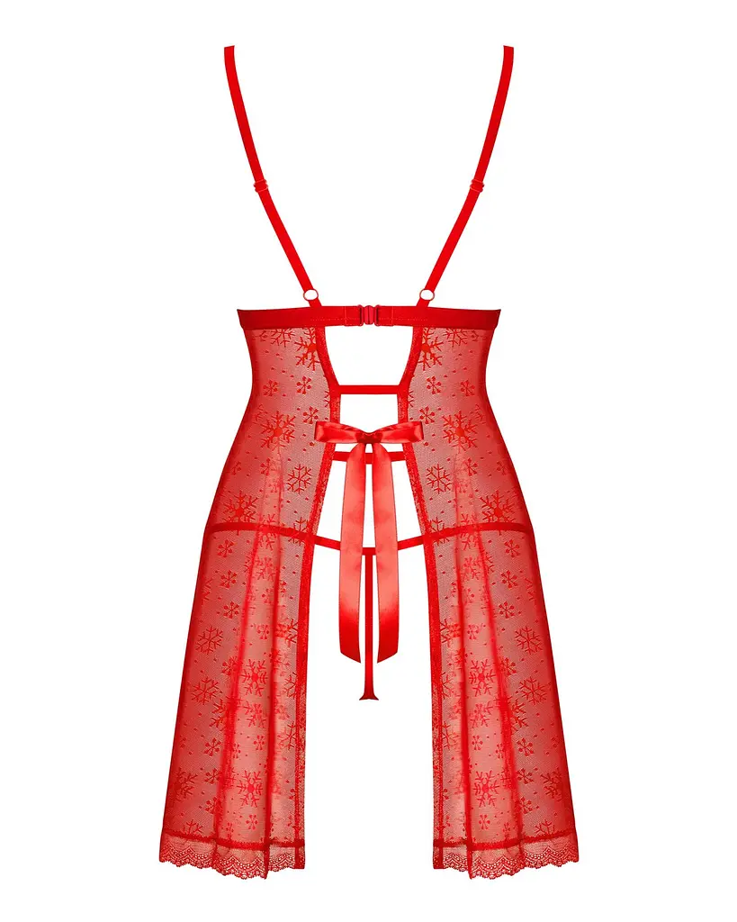 Новорічна сорочка Obsessive Claussica L/XL, червона, прозора з візерунком, стрінги в комплекті - фото 4