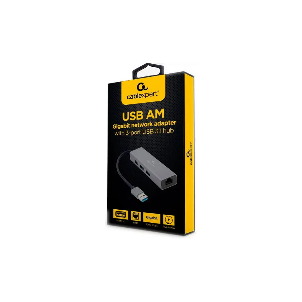 Адаптер USB-A to Gigabit Ethernet, 3 Ports USB 3.1 Gen1 Cablexpert (A-AMU3-LAN-01) - фото 2