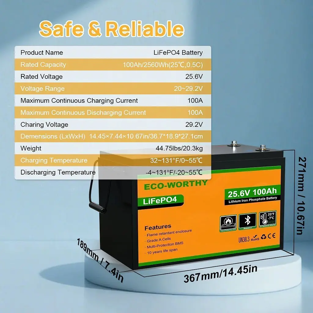 Акумулятор Eco-Worthy LiFePO4 24V (25.6V/100Ah/2560Wh) (Eco-Worthy-251002) [164644] - фото 9
