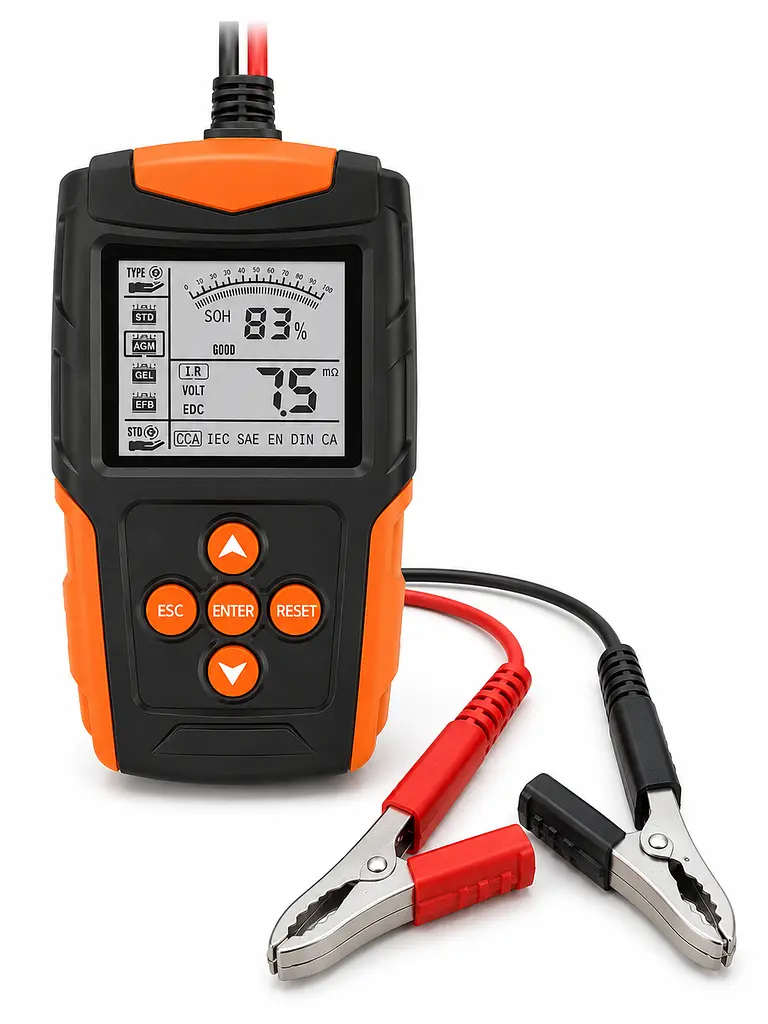 Тестер акумуляторних батарей 12/24 В для авто з LCD-дисплеєм, CCA, SOC, SOH і вимірюванням внутрішнього опору, чорно-помаранчевий