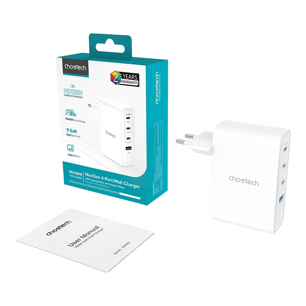 Мережевий зарядний пристрій Choetech PD9002 PD100W GAN USB-A+3xUSB-C White (43-00172) - фото 4