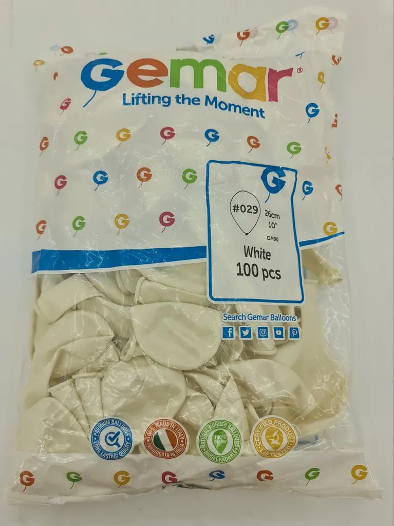 Латексна кулька, Gemar, металік, білий, 10 дюйм (25 см), 100 штук, для свят і фотозон