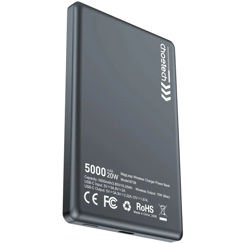 УМБ Choetech Magnetic Wireless 5000mAh 20W PD Qi-15W USB-C In/Out, тонкий, чорний - фото 3