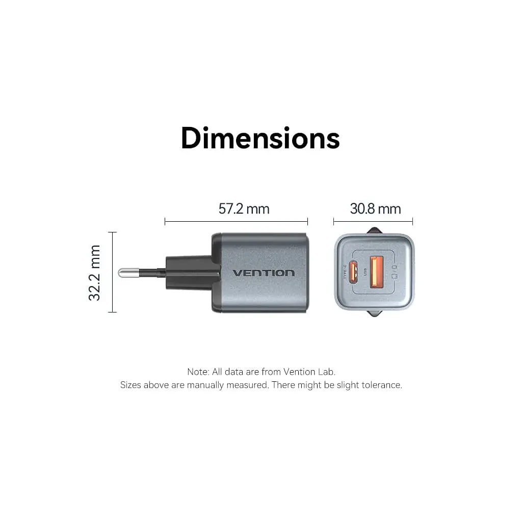 Зарядний пристрій Vention 1xUSB-C PD30W + 1xUSB QC3.0 18W GaN gray (FEWH0-EU) - фото 11