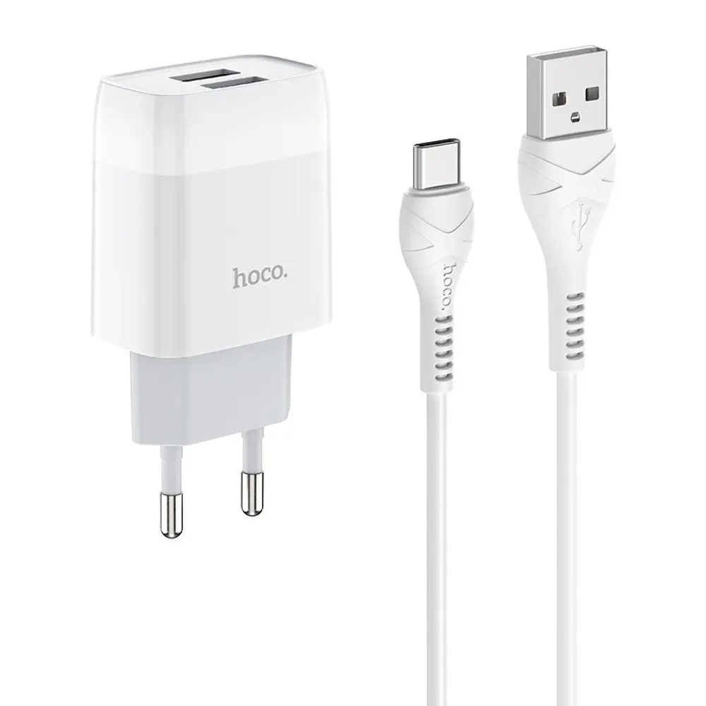 Мережевий зарядний пристрій Hoco C73A 2 USB білий + кабель USB to Type-C - фото 3