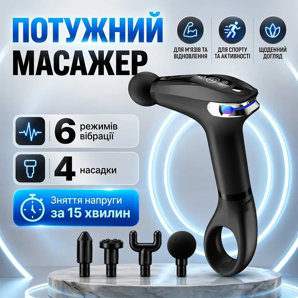 Масажер для мʼязів акумуляторний Inspire HB-005 перкусійний з 4 насадками USB-зарядка потужність 30 Вт - фото 2