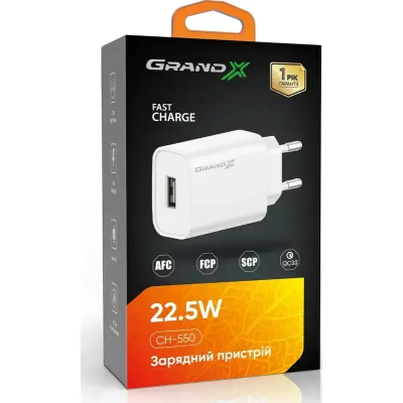 Зарядний пристрій Grand-X Quick Charge QС3.0, + cable USB -> Type C 1m white (CH-550WT) - фото 5