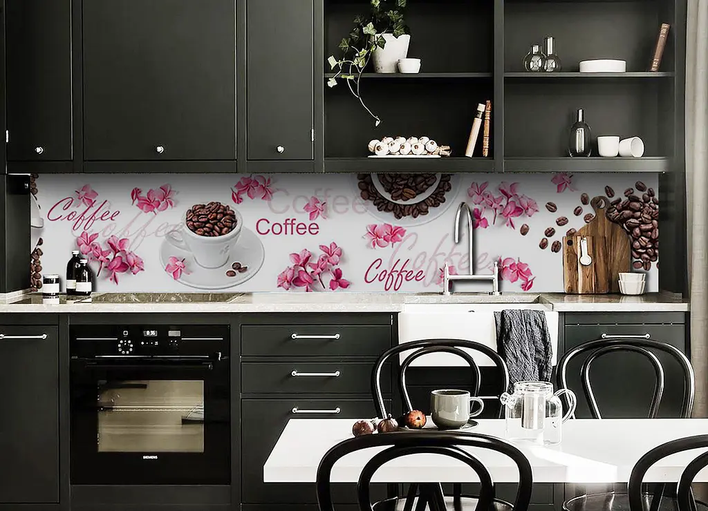 Вініловий кухонний фартух Happy Pocket Кава та Рожеві квіти наклейка для кухні ПВХ зерна Напої Білий Z181684 - фото 5