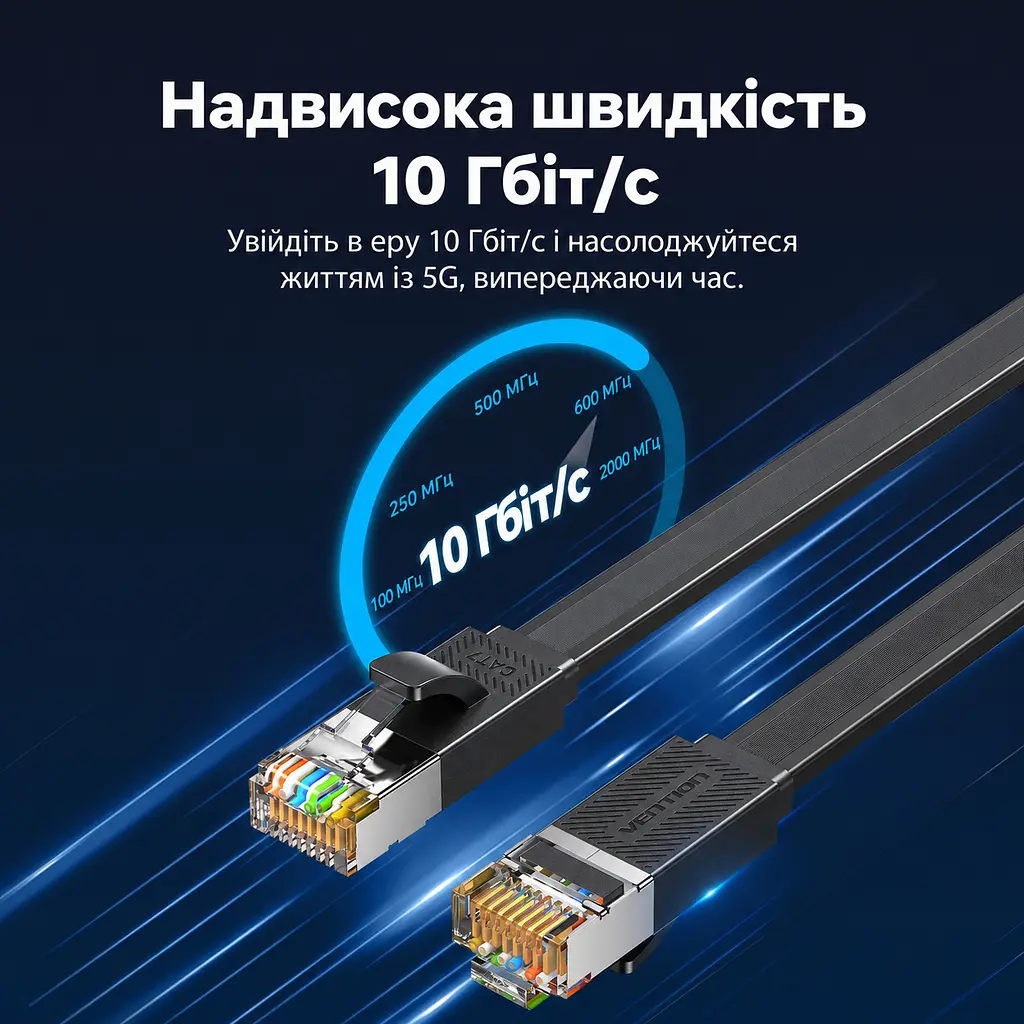 Плаский Ethernet-кабель Vention 10 м шириною 8 мм патч-корд Cat.7 10 Гбіт/с конектори RJ45 8P8C швидкість залежить від підтримки потрібного режиму мережевими портами й обмежень проміжного обладнання можна прокладати під килимом і через дверні проміжки товщиною 2,7 мм екранування алюмінієвою фольгою чорний (ICGBL) - фото 10