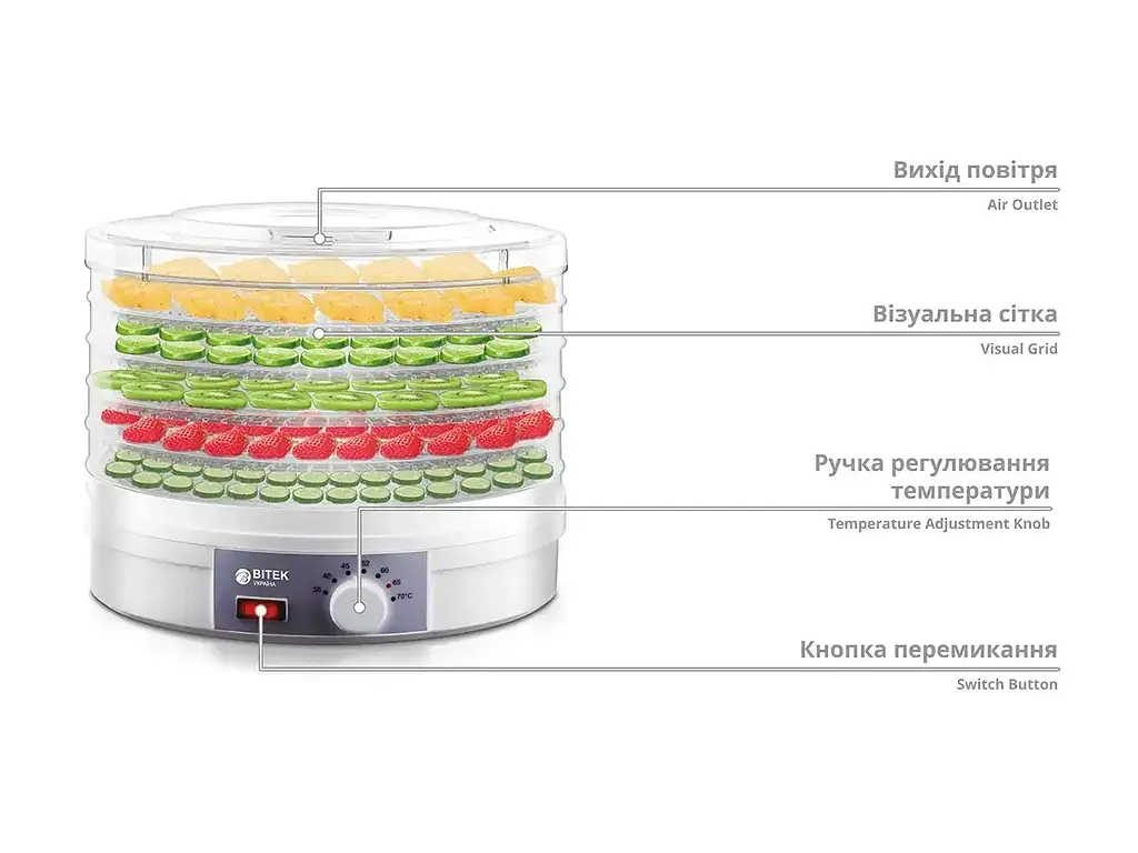 Сушарка для овочів та фруктів BITEK 1200 Вт BT-6800 - фото 3