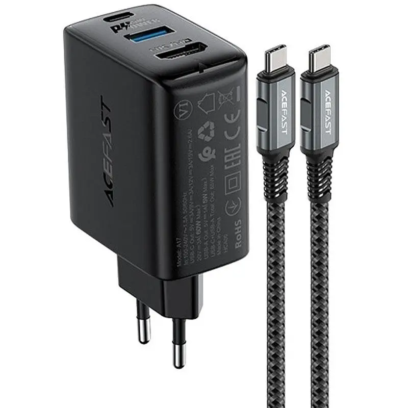 МЗП A17 PD65W GaN (1USB-A/1C/1HDMI) + кабель Type-C to Type-C Black Acefast teh0029674