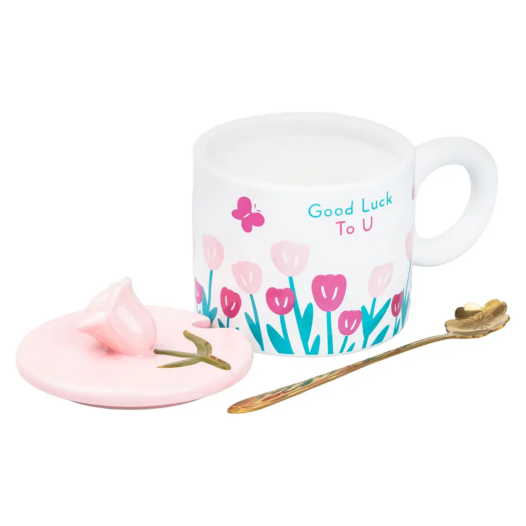 Чашка керамічна Happy Life Tulips з кришкою та ложкою блакитна 300 мл HP7190P - фото 4