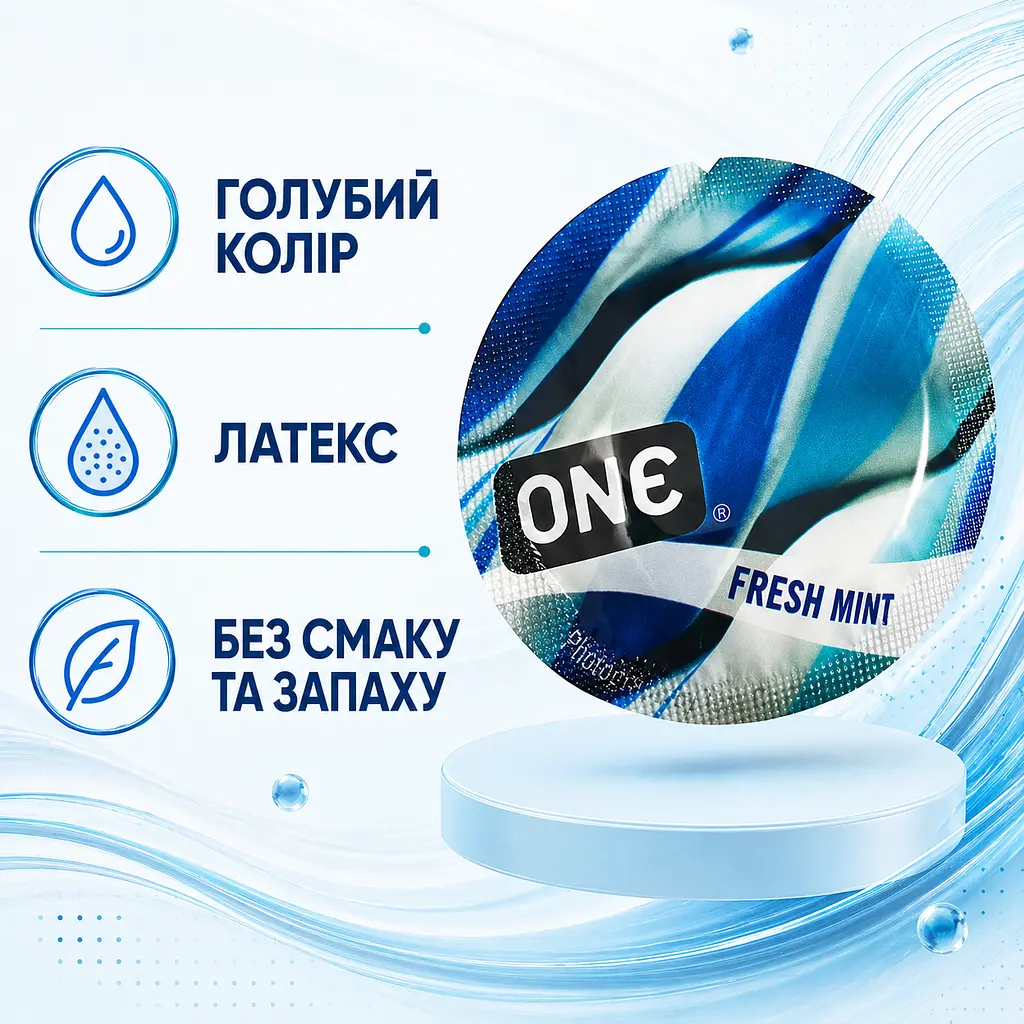 Презервативи ONE FlavorWaves Fresh Mint 5 ШТ, ароматизовані гладкі латексні зі смаком м’яти, кольорові, змащені - фото 2