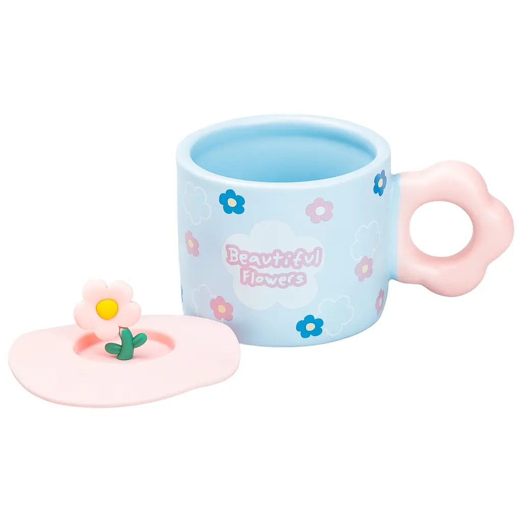 Чашка керамічна Happy Life Flowers з кришкою блакитна 300 мл HP7196BL - фото 2